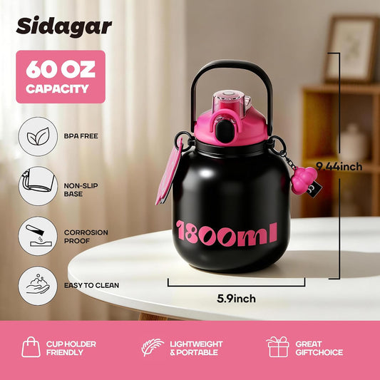 60 oz Half Gallon Insulated Water Bottle with Straw, Black