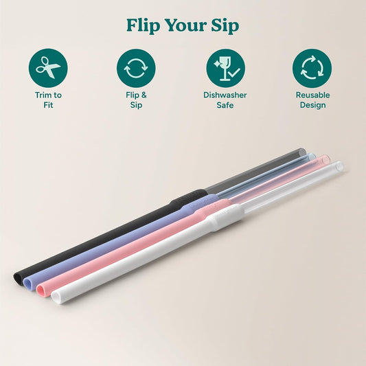 Reusable Cold1 Flex Straws, Flip and Sip Silicone-Tritan Combo Replacement XL Straws, 4-Pack of BPA-Free, Dishwasher-Safe, Fits Most 24 oz to 50 oz Tumblers and Travel Mugs, Assorted Colors