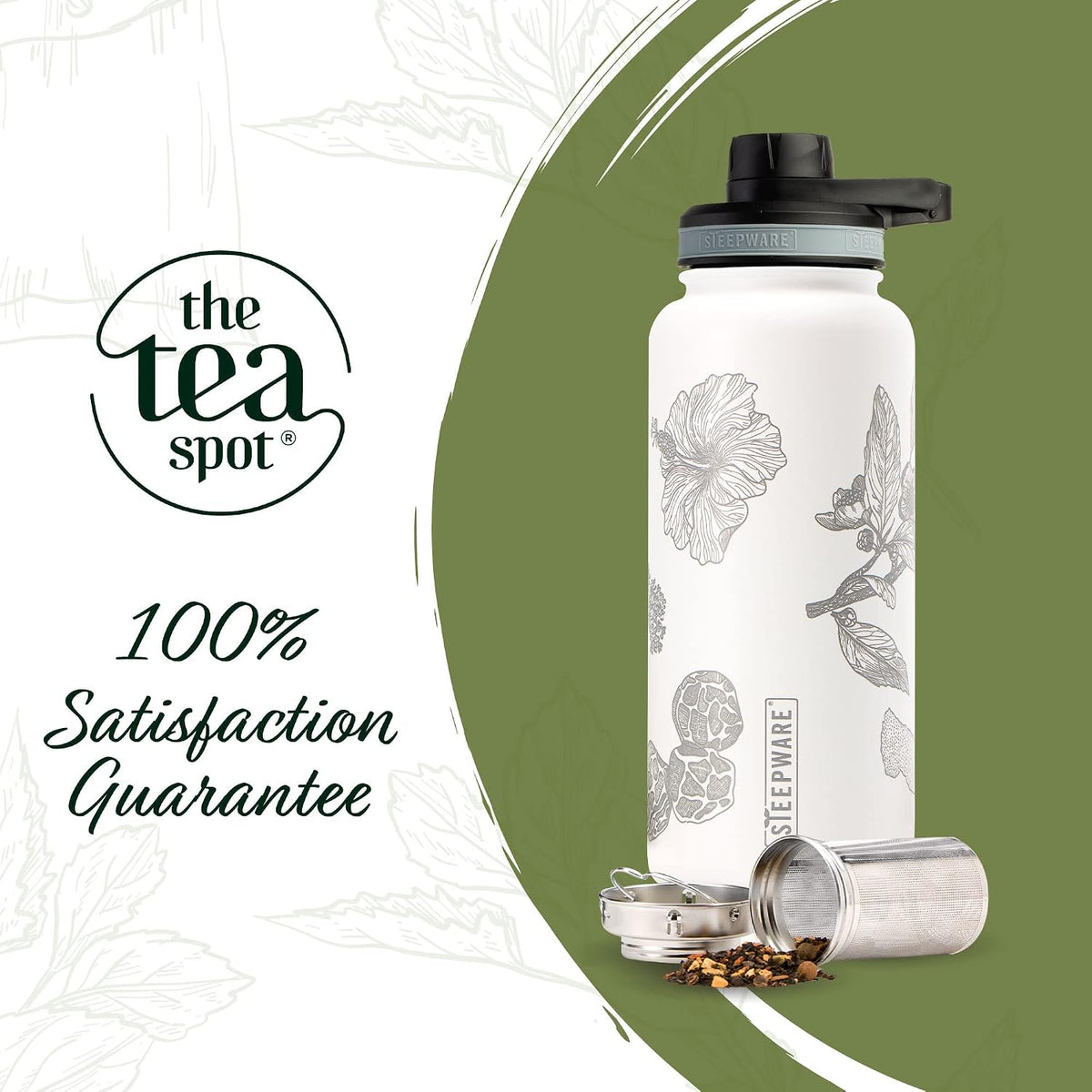 Himalayan Tea Tumbler - Travel Bottle with Tea Infuser for Loose Leaf Tea or Iced Coffee - 32oz, White-Etched - Double-Walled Insulated Bottle - Keeps Drinks Hot & Cold for Hours