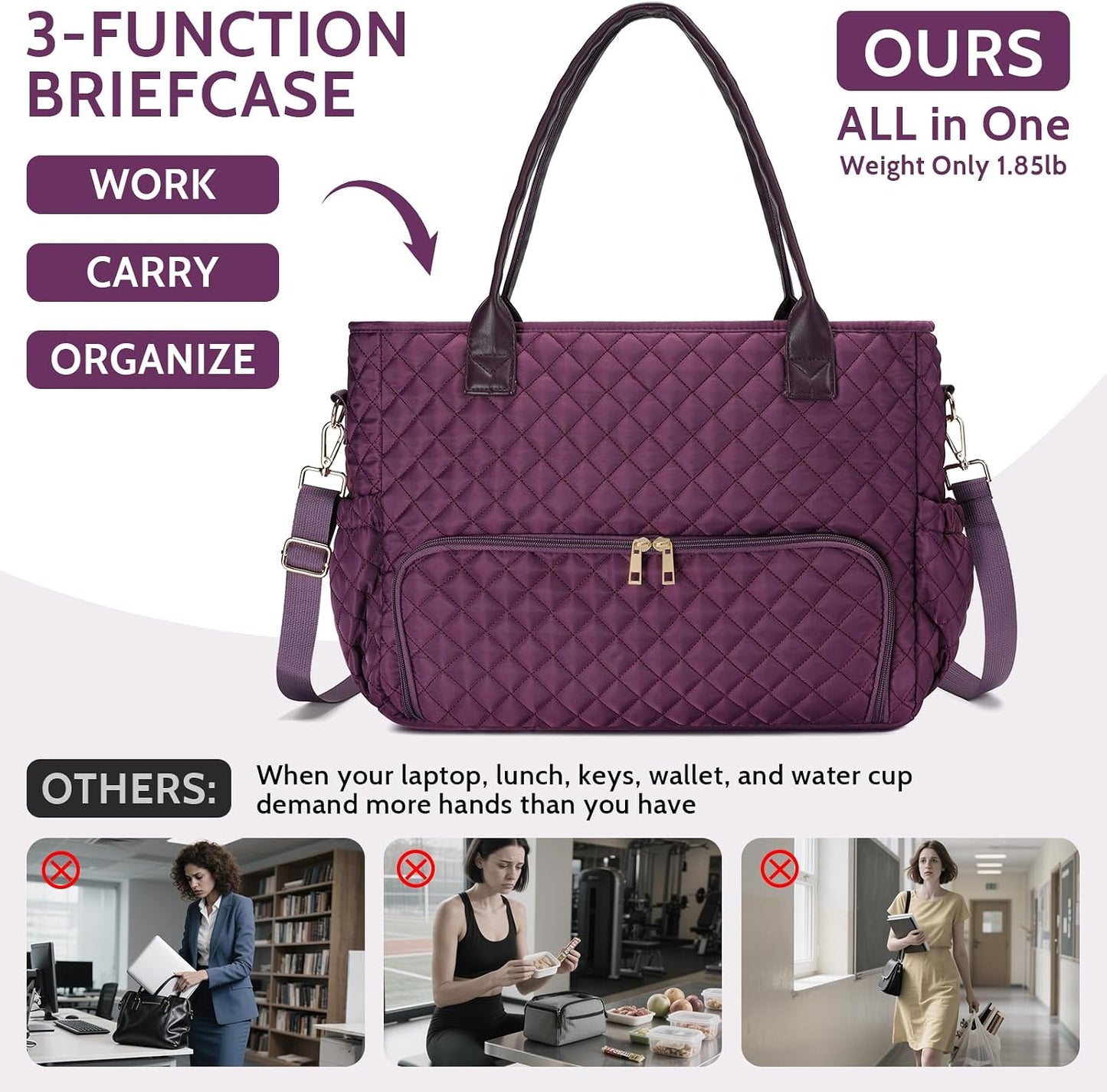 3-in-1 Insulated Lunch & Laptop Work Tote for Women, 15.6-Inch | Durable Lightweight Water-Resistant Quilted Polyester for Office, Teachers, Nurses & Daily Commutes, with 7 Organized Pockets