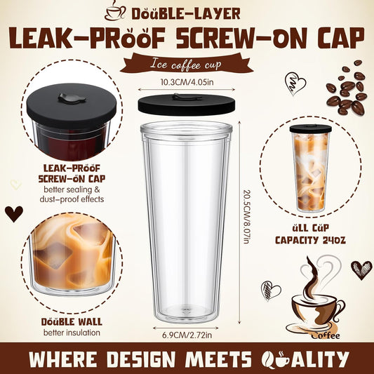 24 oz Reusable Iced Coffee Cups with Lids and Straws Leakproof Double Wall Insulated Clear Plastic Iced Coffee Tumblers with Straw Brushes