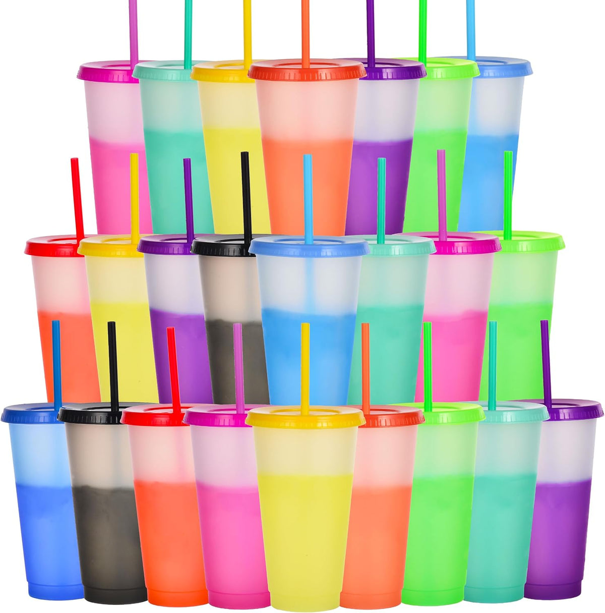Color Changing Cups, 24oz Plastic Tumblers, Reusable Iced Coffee & Smoothie Cups with Lids and Straws for Parties and Travel (5 Change)