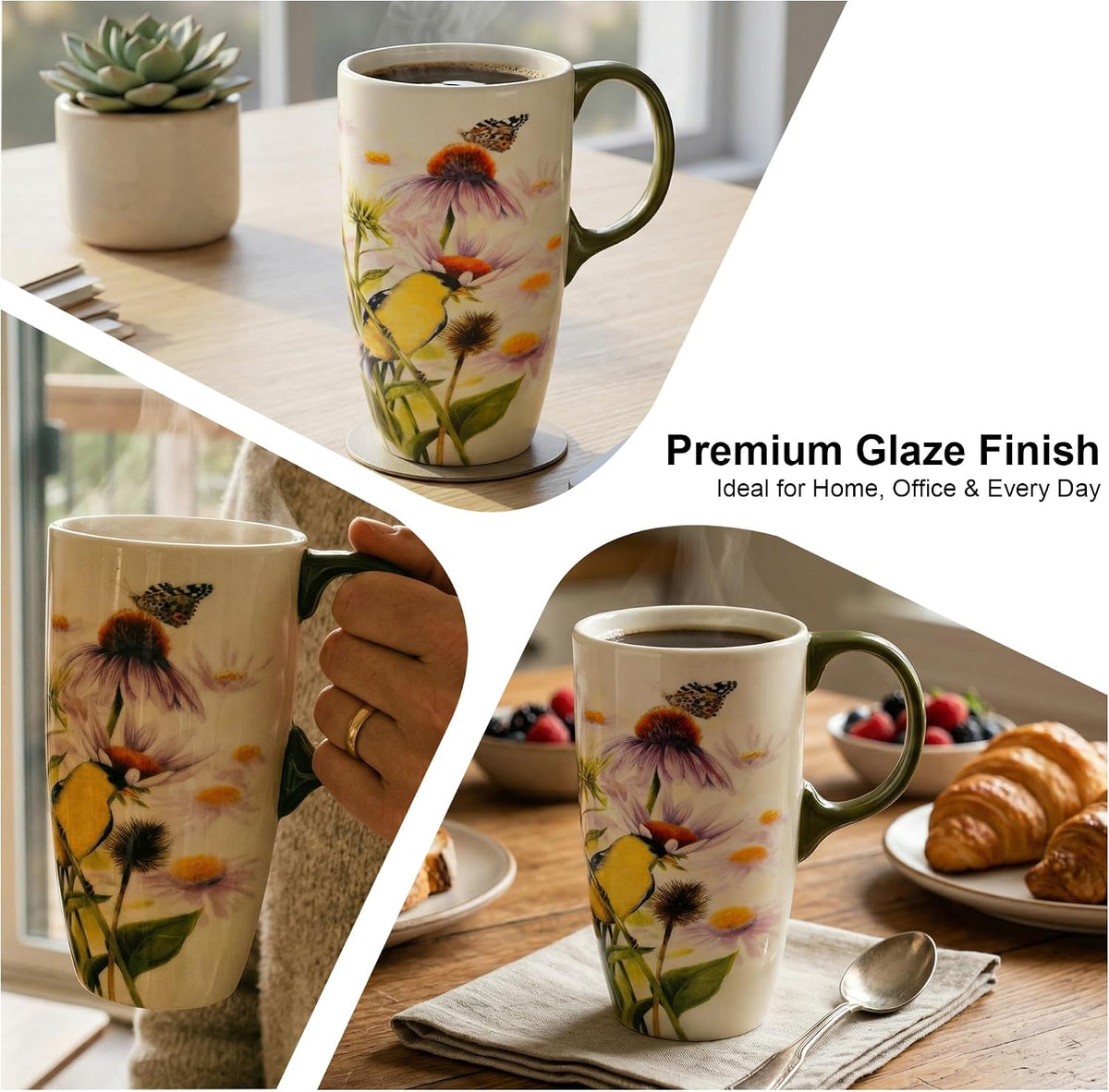 17oz Ceramic Mug with Lid&Gift Box, Scandinavian Floral Botanical | Splash-proof lid for commute use; durable glazed ceramic; fits home office routines; gift-ready