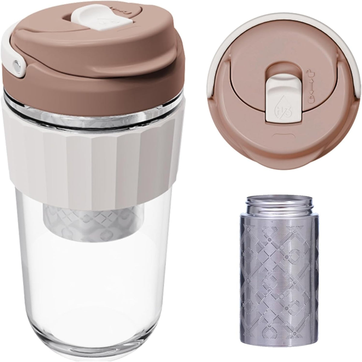 Leak-proof Glass Coffee Mug with Lock Lid, 17oz Reusable Coffee Cup with Stainless Steel Filter, Travel Tea and Fruit Infuser with Handle, BPA-free Dishwasher Safe (Forest Green)