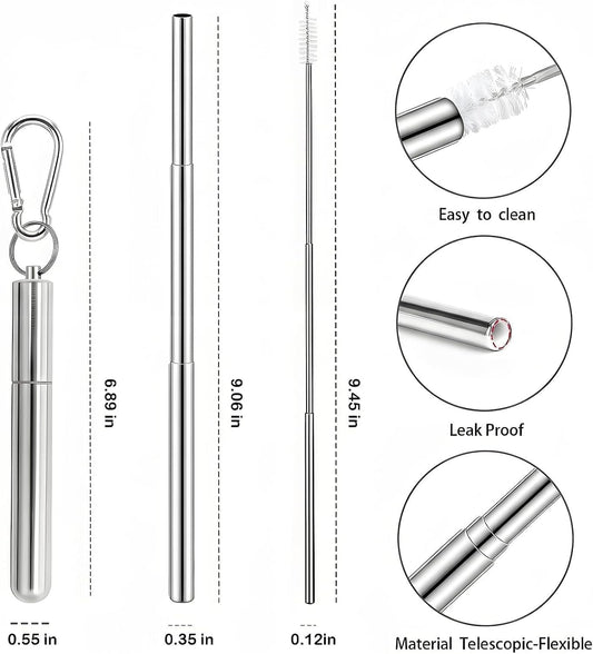 Collapsible Stainless Steel Drinking Straws with Aluminum Case, Cleaning Brush, and Keychains(Black+Silver)