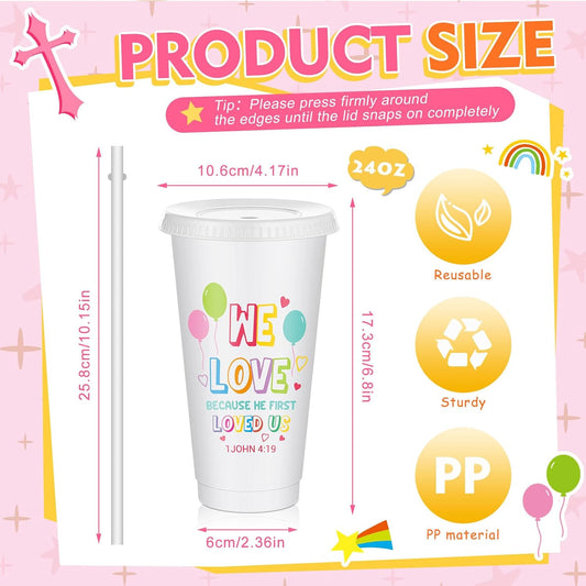 10 Christian Kids Cups with Lids Straws, Back to School, White
