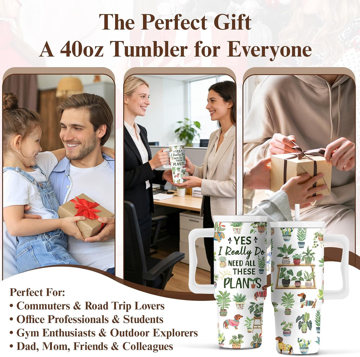 Elephant Tumbler 40oz with Handle and Straw - Funny White Elephant Gifts for Women Men, Office Christmas Gift for Coworkers, Insulated Travel Mug, Cute Elephant Cup