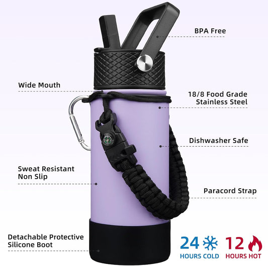 18oz Insulated Water Bottle with 3 Lids, Straw Lid & Handle