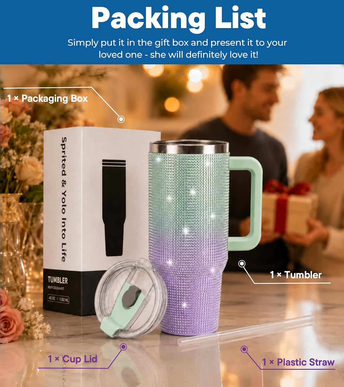 WATERSY 40oz Rhinestone Bling Tumbler, Stainless Steel Insulated Travel Mug with Lid and Straw, Sparkling Crystal Glitter Water Bottle, Personalized Cup Gift for Women Girls (Green & Purple)