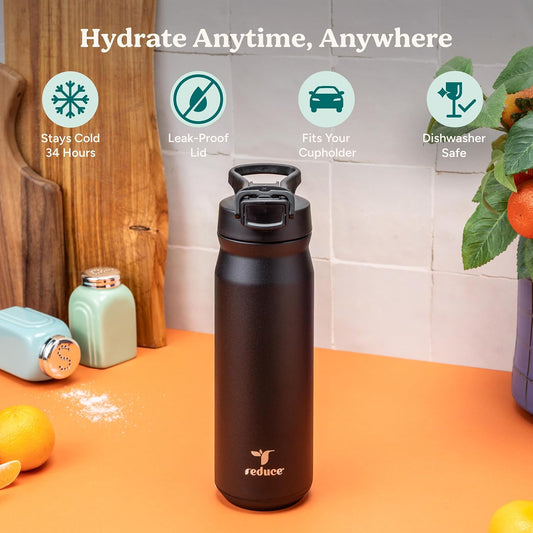 24 oz Hydrate Pro Stainless Steel Insulated Water Bottle - Flip Top Leak-Proof Lid, Dishwasher Safe, BPA-Free, Dual Wall Vacuum, Keeps Drinks Cold for 48 Hrs, Cup Holder Friendly - Dragonfruit