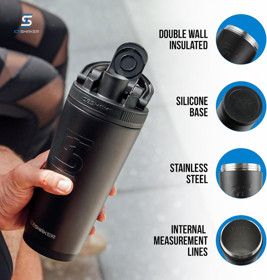 Insulated Stainless Steel Shaker Bottle | 26oz, Black | Cold for 30+ Hours | Insulated Cup with Twist-on Agitator | Odor-Free Bottle for Protein Shakes, Water, Smoothies, Cocktails