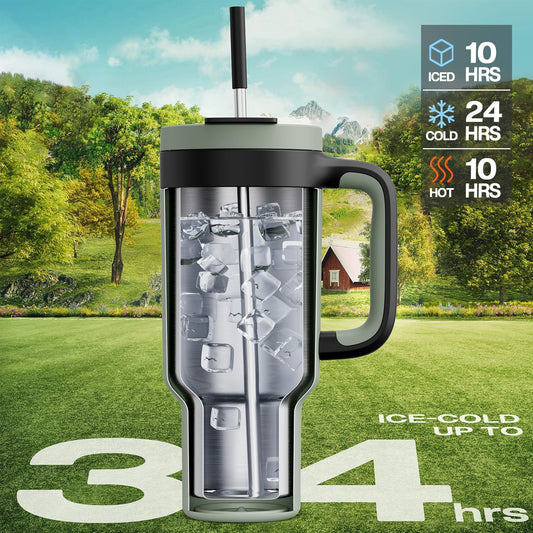 40 oz Tumbler with Handle, 2-in-1 Straw and Sip Lid, Leakproof, Dishwasher Safe, Insulated Stainless Steel Travel Coffee Mug, Keeps Cold for 34 Hours, Fits in Car Cup Holder (Forest)