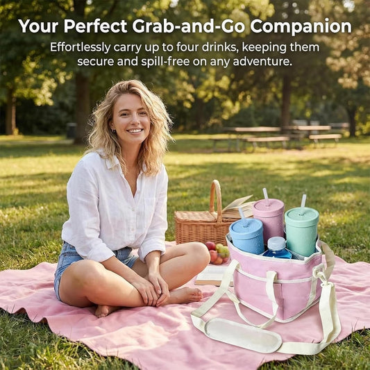 Family Size 4 Compartment Drink Bag, Hands-Free Drink Carrier Bag from Tipping Over, Compartment Portable Insulated Tote Bags for Moms & Iced Coffee Enthusiasts, Work, Beach