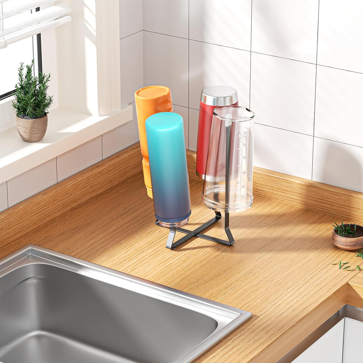Foldable Water Bottle Drying Rack, Stainless Steel Tumbler Dryer Stand for Kitchen Counter, Multifunctional Space-Saving Cup Drainer for Bottles, Baby Bottles, Glasses & Reusable Bag (Silver)