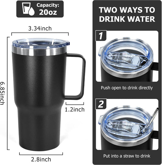 20 oz Tumbler with Handle, insulated cup coffee mug with lid, straw and handle, Double Wall Stainless Steel Vacuum Coffee Tumbler travel mug spill proof, 1pcs Black