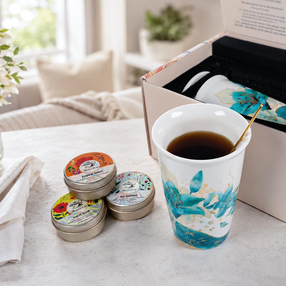 Tea Gift Set for Women - 6 Herbal Loose Leaf Tea Blends, Insulated Ceramic Cup with Infuser & Lid | Birthday, Mother's Day, Anniversary & Retirement Gift for Her