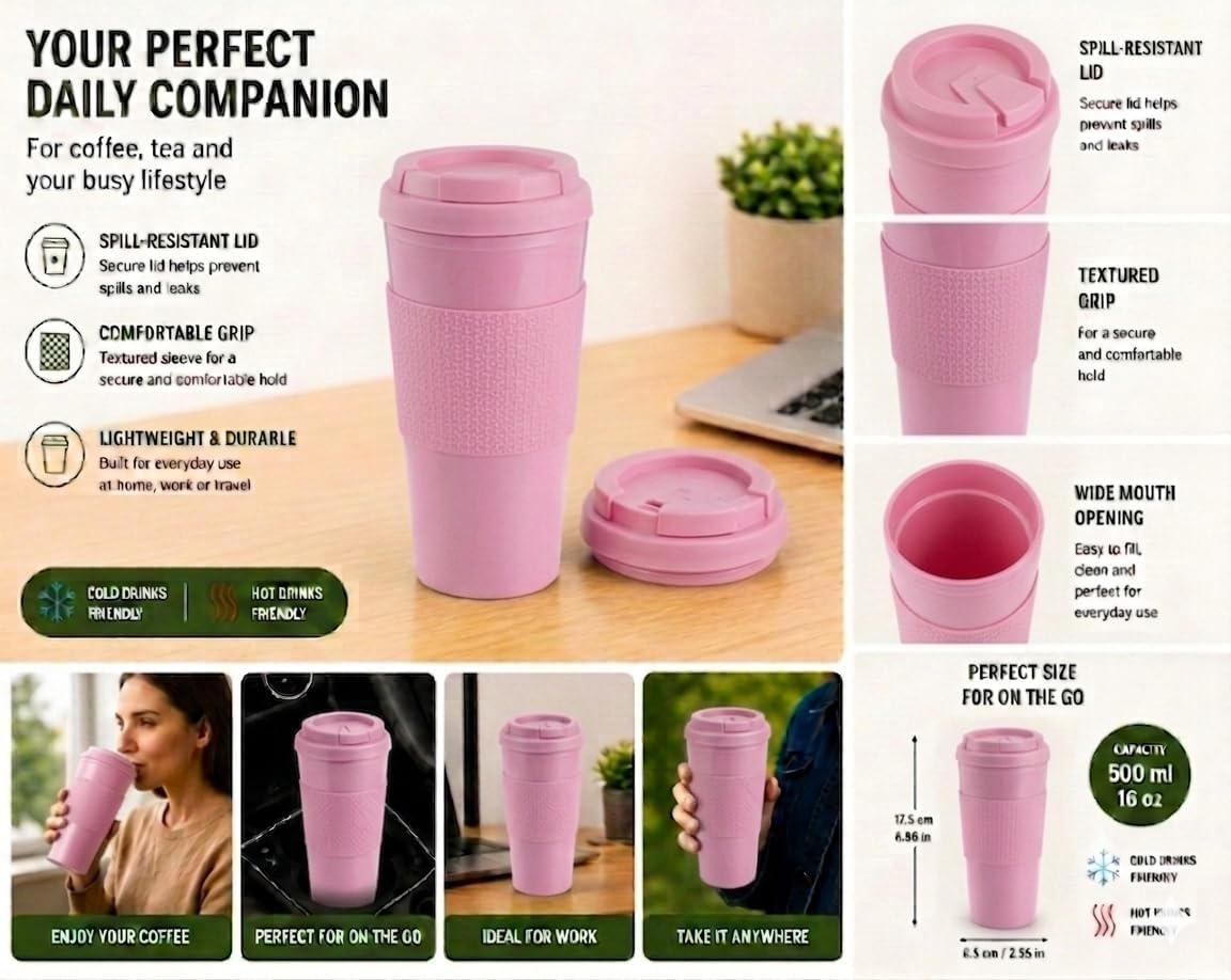 Reusable Coffee Travel Mug 16oz with Lid - BPA Free Plastic Tumbler, Leak Resistant, Insulated Grip Sleeve, Hot & Cold Drinks, Travel Cup Blue (Gray)