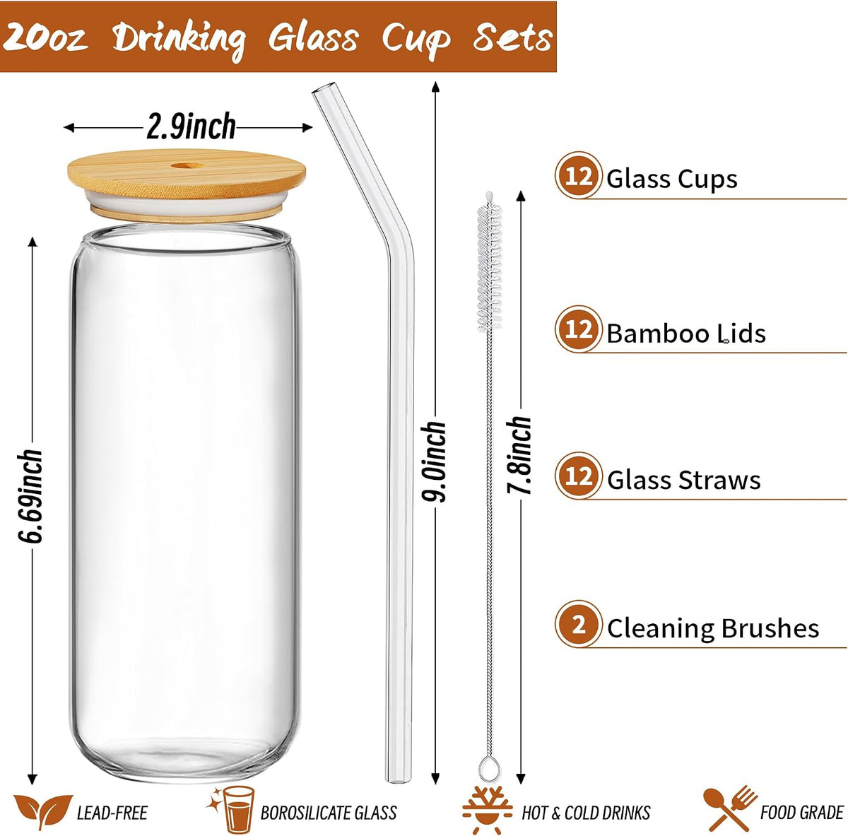 12Pcs Glass Cups with Bamboo Lids and Straws, 16oz Can Shaped Glass Tumbler