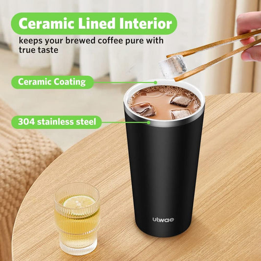 Insulated Coffee Mug with Ceramic Coating, 18oz Travel Mug with Leak-proof Lid, Vacuum Double-wall Tumbler, Stainless Steel Thermal Cup for Tea, Hot Cocoa, Cold Beverage, Ice Drinks