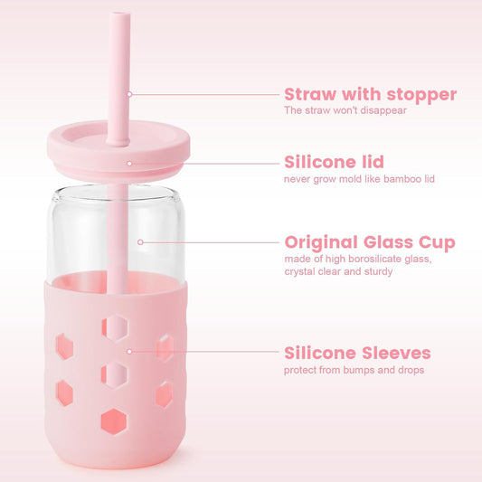 16 oz Glass Cups with Lids and Straws for Gift, 4-Pack, Mint