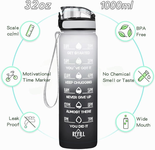 Water Bottle, Leakproof BPA & Toxic Free, Motivational Water Bottle with Times to Drink and Straw, Fitness Sports Water Bottle with Strap for Office, Gym, Outdoor Sports