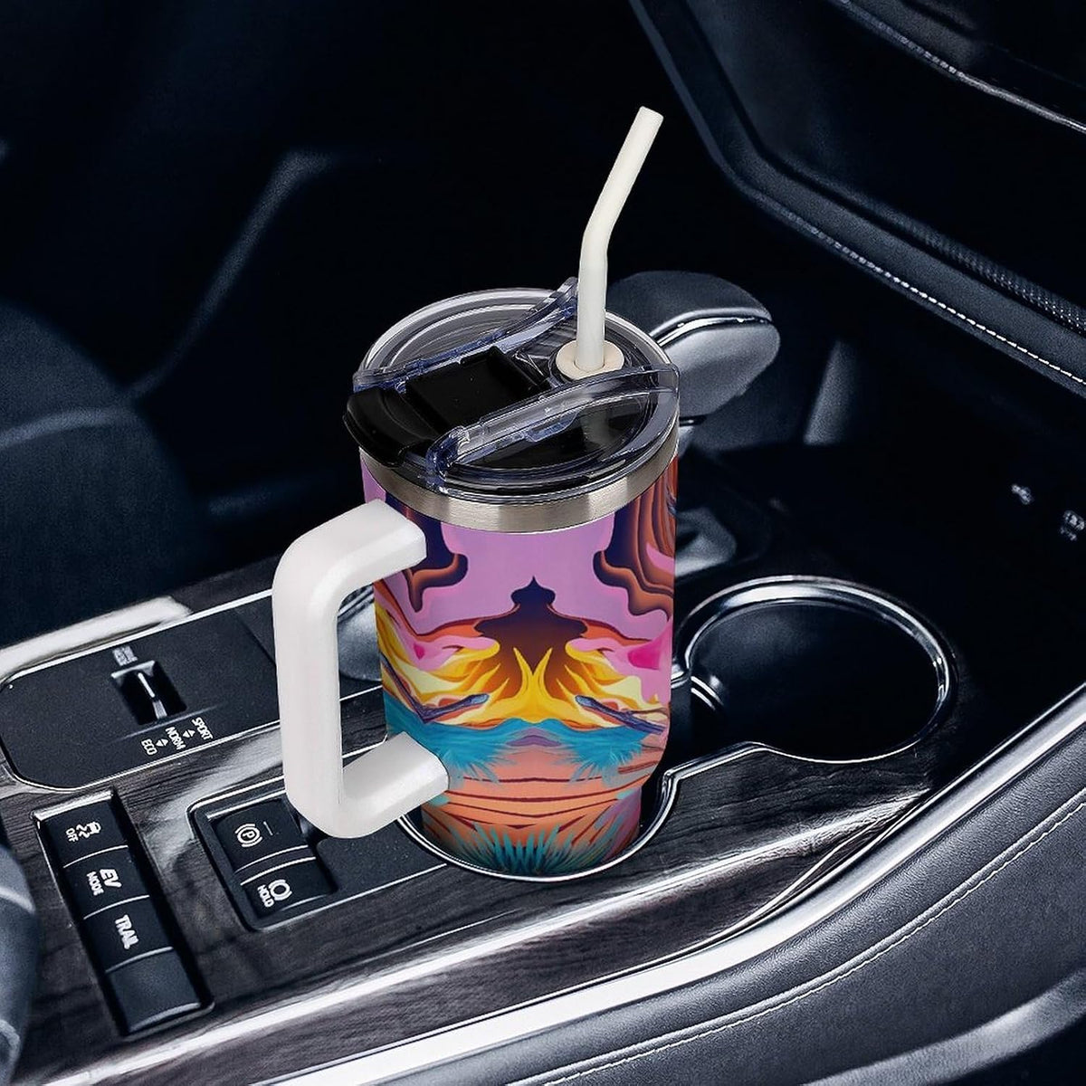 Leakproof Tumbler Vacuum Sealed Car Holder Friendly For Travel Simple Minimalist White Poppy Flower Pattern Coffee Mug Light Rose Red-style-27 - Colors C