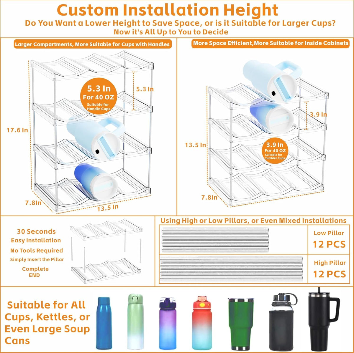 Larger Compartments Stackable Water Bottle Organizer for 40 oz Stanley Cup Holder,Yeti and Other Tumbler Organizer,3 Tier Wine Rack and Waterbottle Storage Rack for Kitchen Cabinets,Countertop