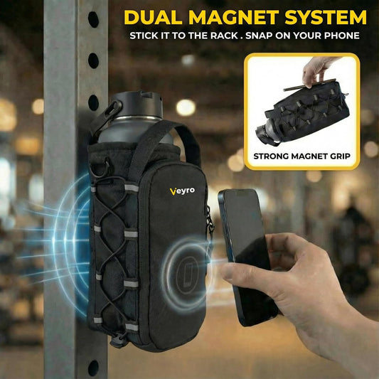 Magnetic Gym Bag with Strong Phone Mount - Magnetic Water Bottle Holder - Gym Water Bottle Bag for Men and Women - Crossbody Sling Pouch (Black)