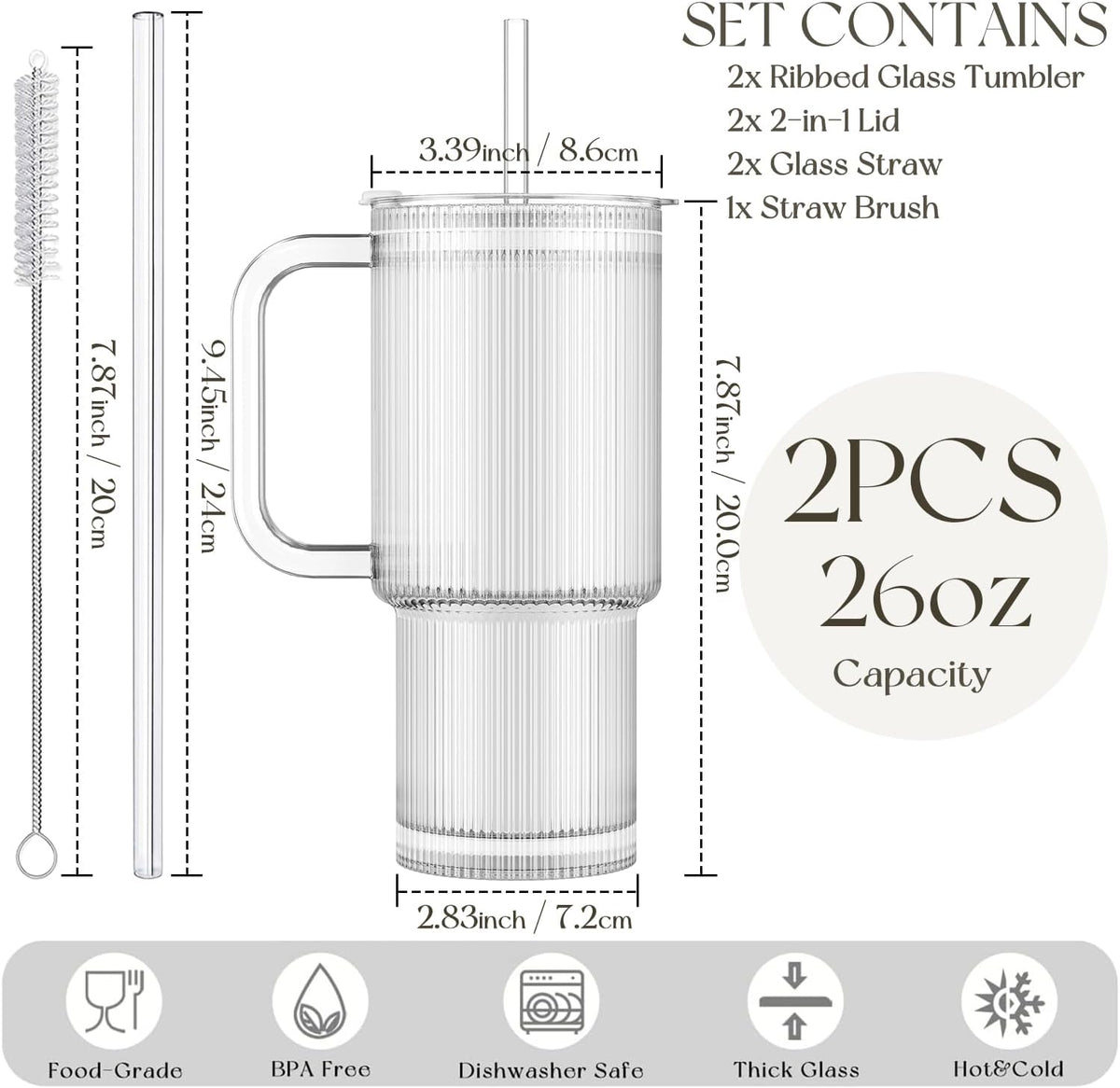 Large 26oz Clear Glass Mug with Handle and Sliding Lid – Aesthetic Ribbed Tumbler for Iced Coffee, Smoothies & Hot Drinks – Reusable Travel Cup with Straw, Dishwasher Safe (Ribbed Tumbler)