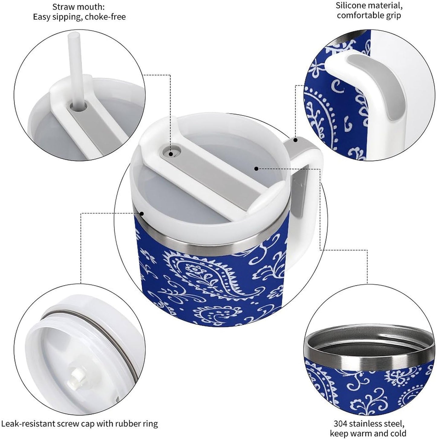Blue Paisley Pattern Tumbler Insulated Travel Coffee Mug Car Cup Stainless Steel with Lid Handle Straw 40OZ
