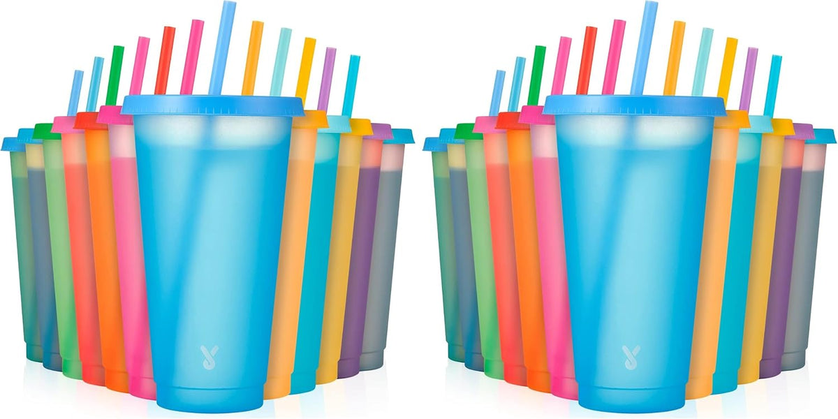 Plastic Cute Cold Cups with Lids and Straws Bulk for Iced Coffee - 6 Pack 24 oz Color Changing Reusable for Adults Kid Women Party