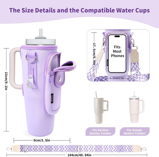 Water Bottle Holder with Strap for Stanley Cup 40/30oz, Insulated Neoprene Stanley Cup Holder with Strap for Tumbler with Handle Stanley Carrier Bag Cross-body Bag for Walking