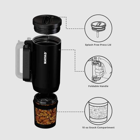 23oz Insulated Tumbler with Foldable Handle & 10ozDetachable Snack/Pill Box | Daul Lids tumbler+10oz container for snacks, supplements, pills, earbuds, powder. Ideal gym office travel hiking