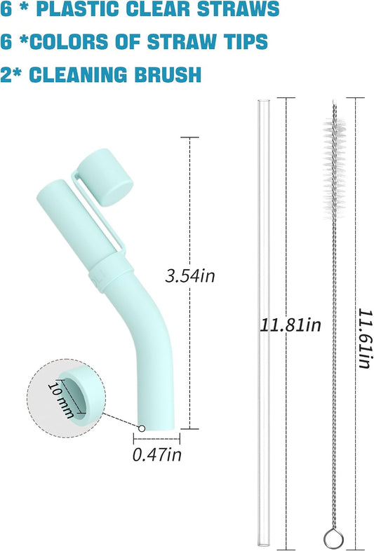 6 Pack Reusable Drinking Long Straws with Silicone Tips,Compatible with Stanley 40 oz 30 oz Cup Tumbler,6 Clear Plastic Straws, 6 Silicone Tips, 2 Straw Cleaning Brush