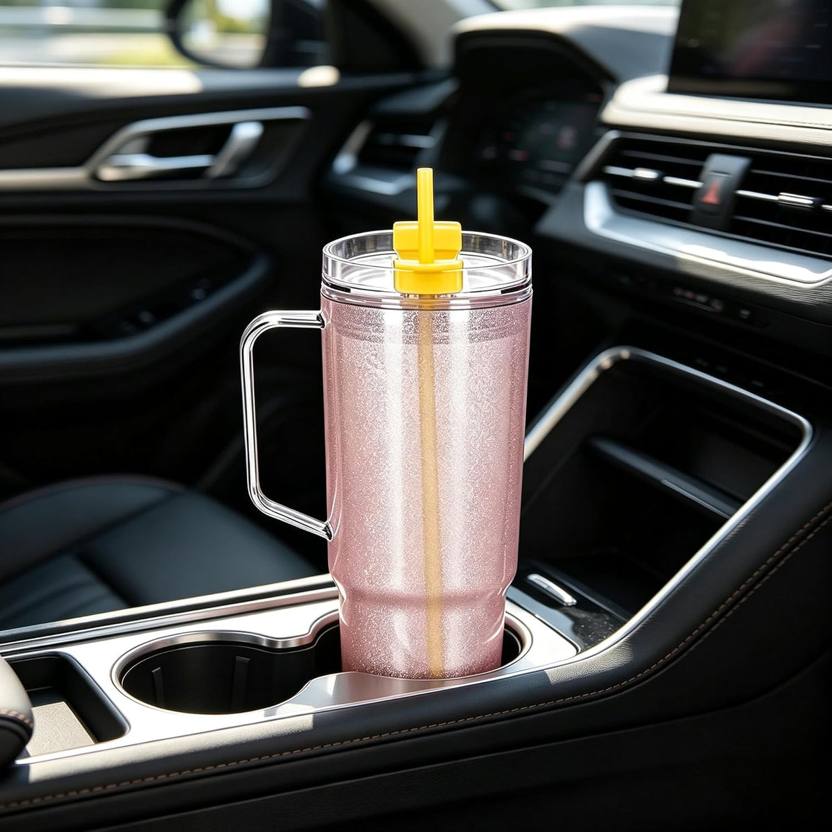 40 oz Plastic Tumblers with Handle, Screw Off Lid with Included Straw, Double Wall Leakproof Reusable Water Bottle Travel Mug Cup for Iced Coffee, Hot Cold Drink, Smoothie (2, Transparently)