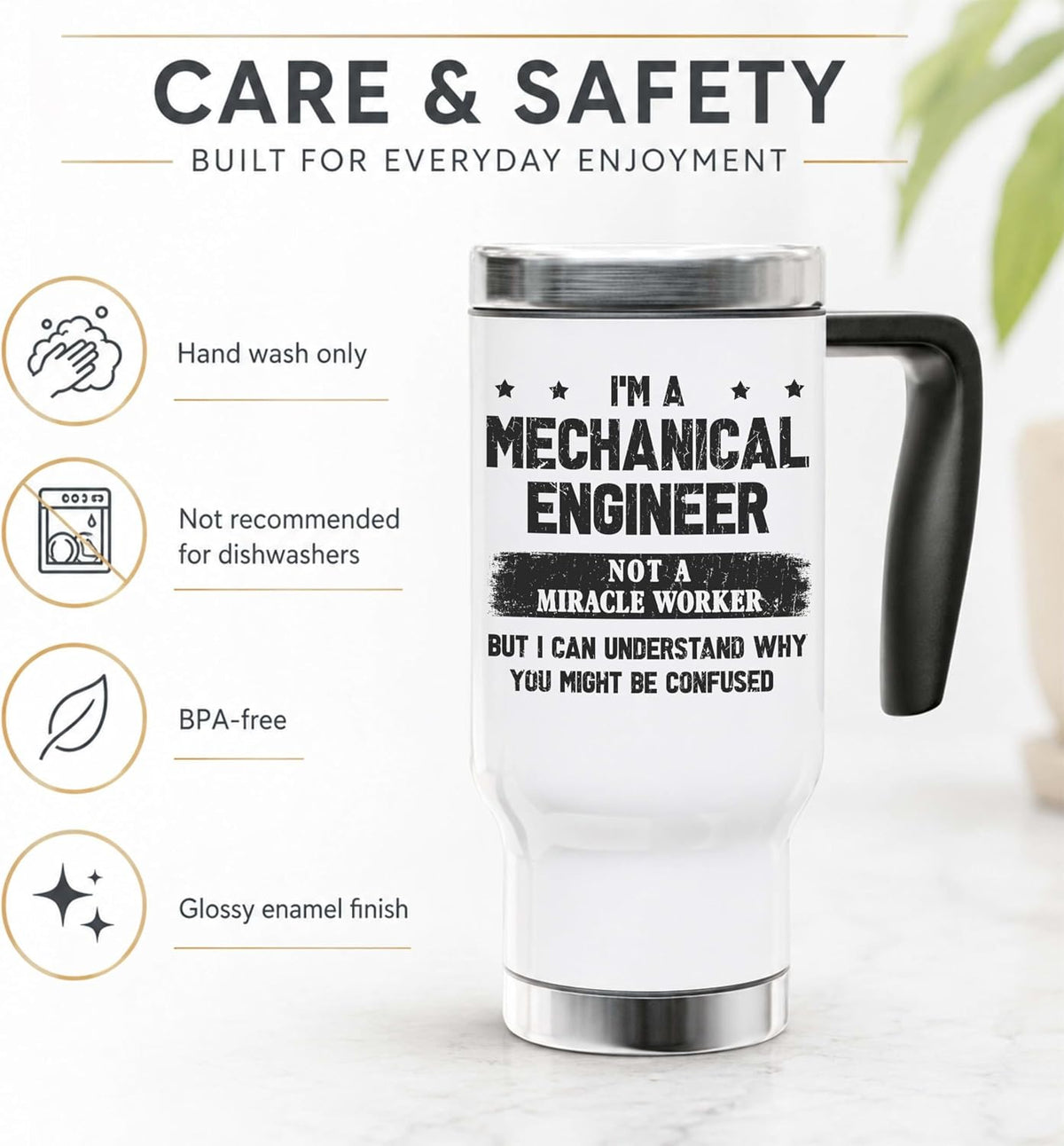 Funny Mechanical Engineer Travel Mug with Handle - Not a Miracle Worker Joke Insulated Stainless Steel Coffee Cup - 14oz Tapered Tumbler for Commuting and Office
