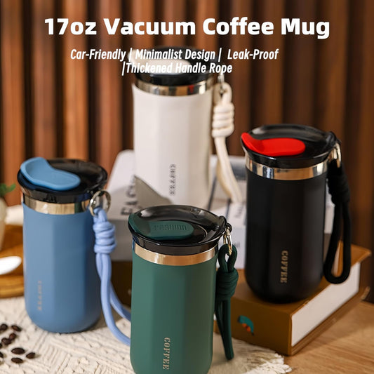 17oz Travel Coffee Mug for Car, Leak-Proof, Double-Wall Insulation, Braided Carry Strap, Minimalist Design,Idea for Coffee and More, Hot & Cold Drinks (Green)