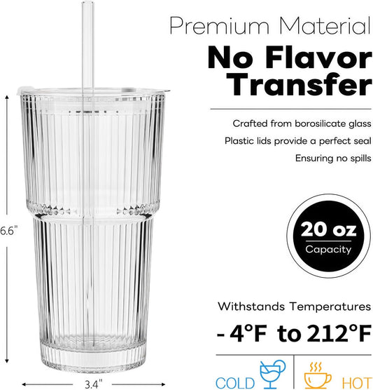 20 Oz Ribbed Glass Coffee Tumblers with Lids and Straws, 4 Pack