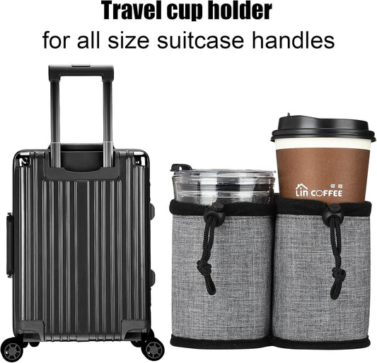 Luggage Cup Holder Travel Essentials Cup Holder, Hands-Free Drink Holder with 2 Coffee Mugs Tightening Drawstring, Accessory for Flying & Travelers - Travel Luggage Accessories (Grey)
