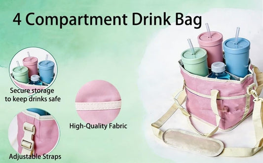 Insulated Drink Carrier for 4 Cups,4 Compartment Drink Bag with Adjustable Strap,4 Water Bottle Holder with Strap for Coffee, Travel, Outings