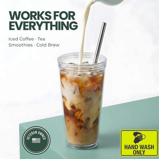 Reusable Iced Coffee Cup with Lid and Straw, 24 oz/Venti, BPA-Free Double-Wall Insulated Plastic Tumbler for Cold Drinks, Includes Clear Plastic Straw, Stainless Steel Straw and Cleaning Brush, White