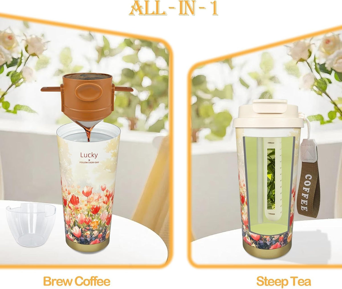 17oz Camping Coffee Makers with Ceramic Coating,Camp Pour Over Coffee Maker Set,Double Wall Vacuum Leak-Proof Mug for Office School Party Camping,Tea Infuser Mug for Loose Leaf Tea (17oz Lucky)