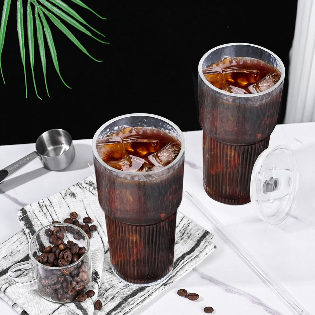 4PCS Glass Tumblers with Lids and Straws,20oz Glass Cups with Lids and Straws,Iced Coffee Cups with Lid,Drinking Glasses for Juice, Smoothies