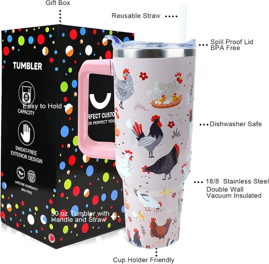 30 oz Tumbler with Handle Straw Lid Chicken Gifts for Women
