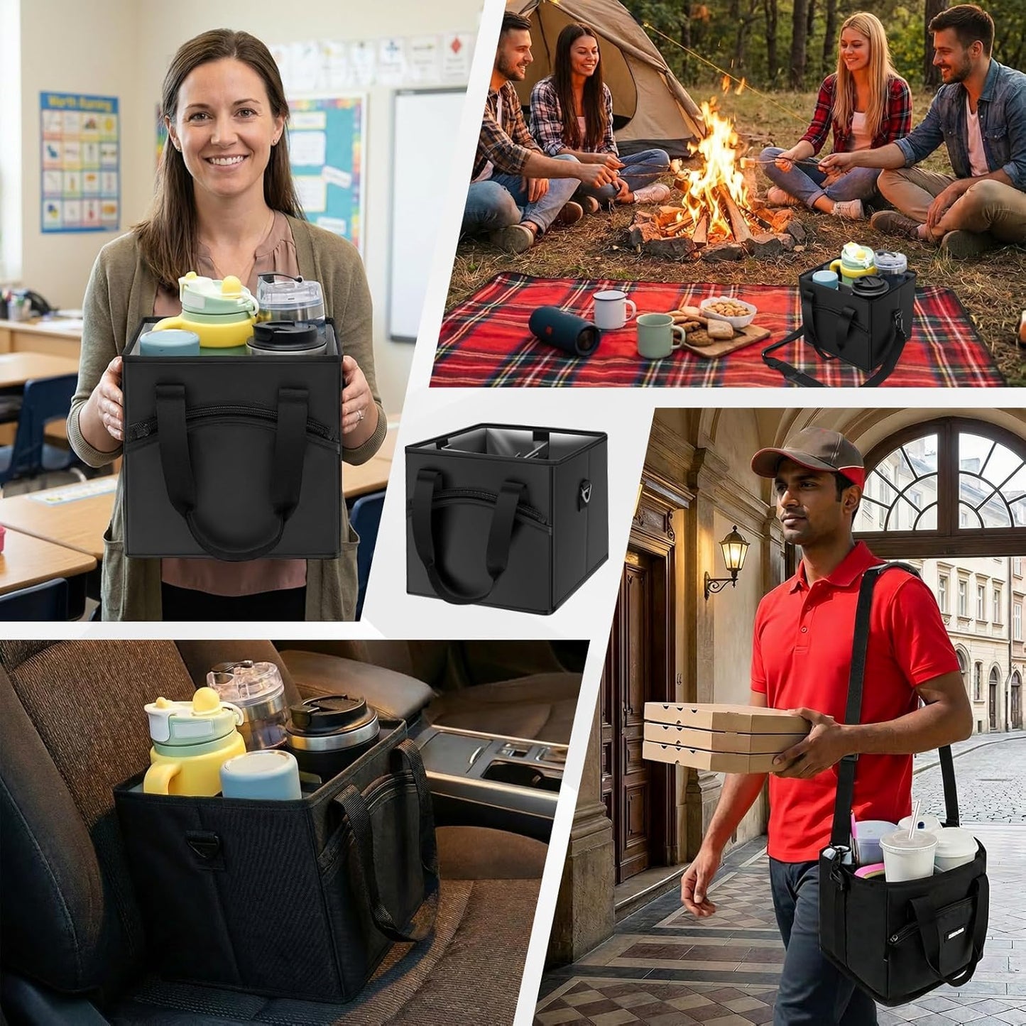 Insulated 4-Cup Drink Carrier Bag with Shoulder Strap & Adjustable Dividers - Spill-Proof Collapsible Beverage Tote for Travel, Coffee Runs & Food Delivery, Black