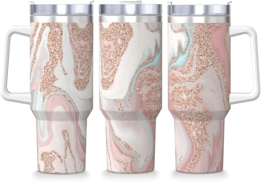 rose gold glitter coral gray pastel marble 40 oz Tumbler with Handle and Straw Lid | Insulated Cup Reusable Stainless Steel Water Bottle Travel Mug Cupholder Friendly | Gifts for Women Men Him Her - Colors A