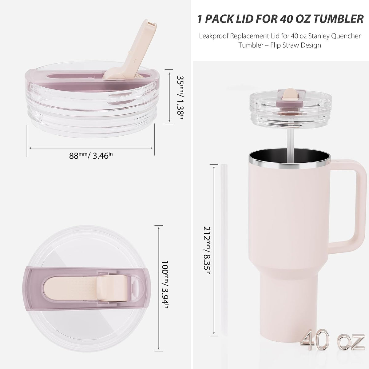 2 Pack 40 oz Flip Straw Lid Only for STANLEY ProTour Tumbler