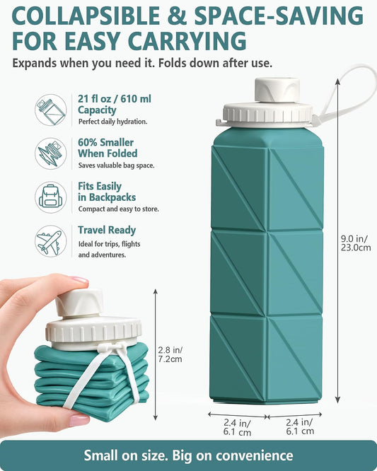 Collapsible Water Bottles 2 Pack, 21oz/610mL, Silicone Travel Water Bottle