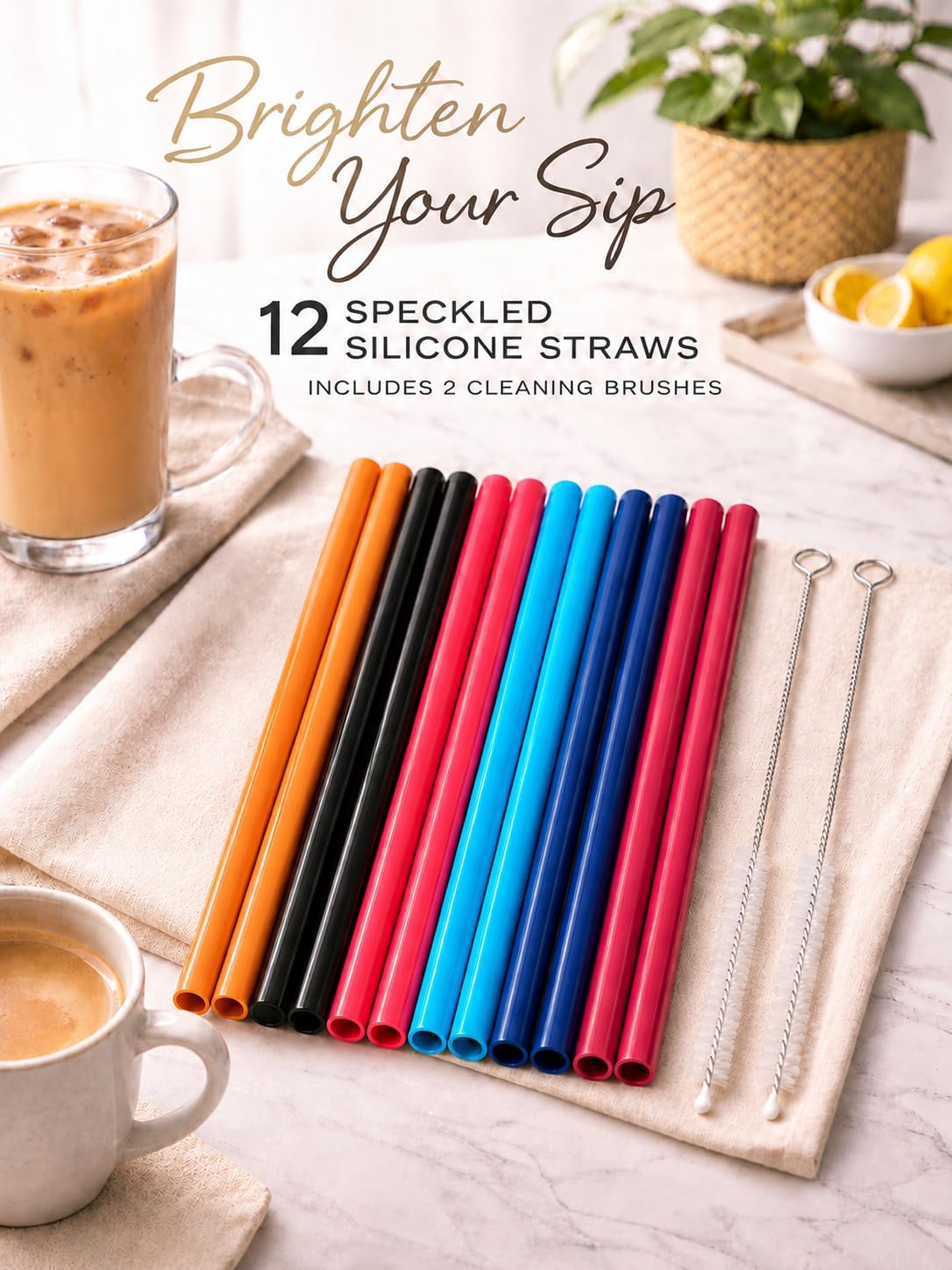12 Pcs Eco Friendly Silicone Straws with 2 cleaning Brushes,Reusable Silicone Drinking Straws,for 30oz and 20oz Tumblers,Yeti, Ozark, (Pure Multicolor, 10 inches)