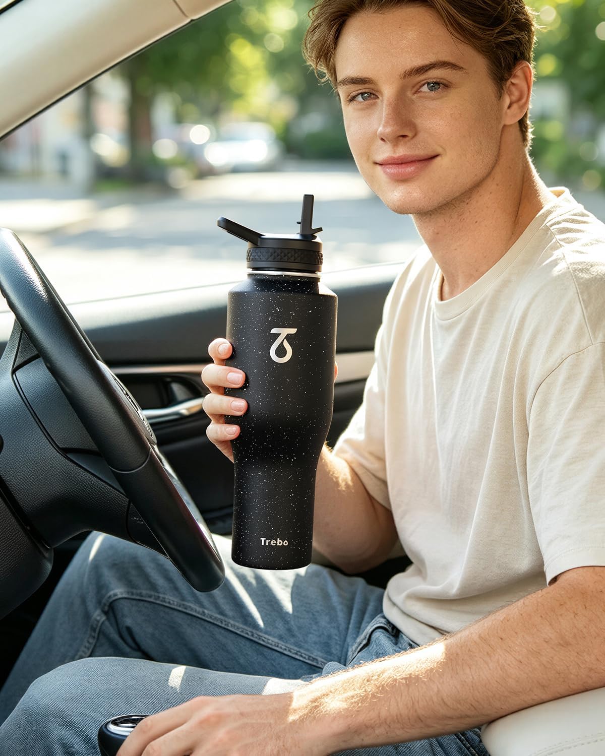 Trebo Insulated Water Bottle 40 oz Fits in Car Cup Holder with Side Handle